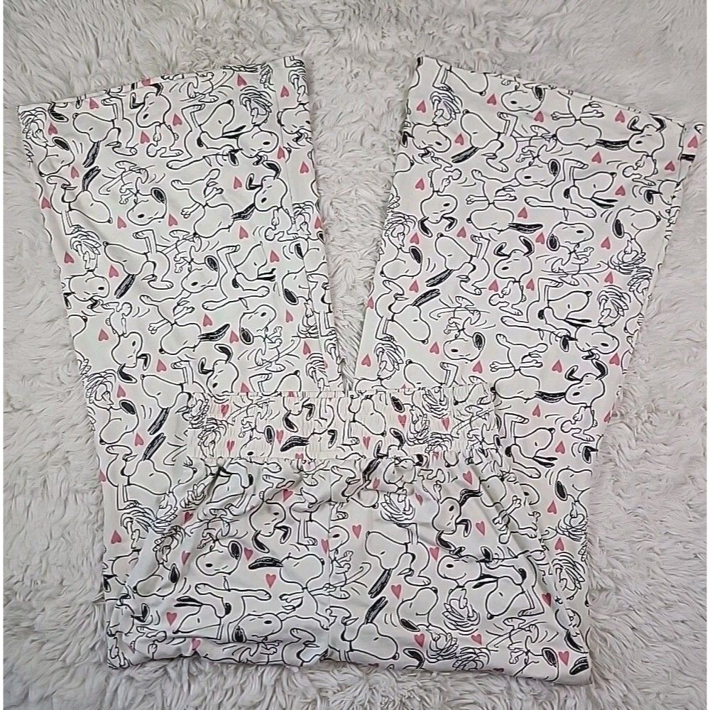 Munki Munki PEANUTS Pajama Pants Size M Hi Waist Wide Leg White Hearts Stretch E - Picture 2 of 5